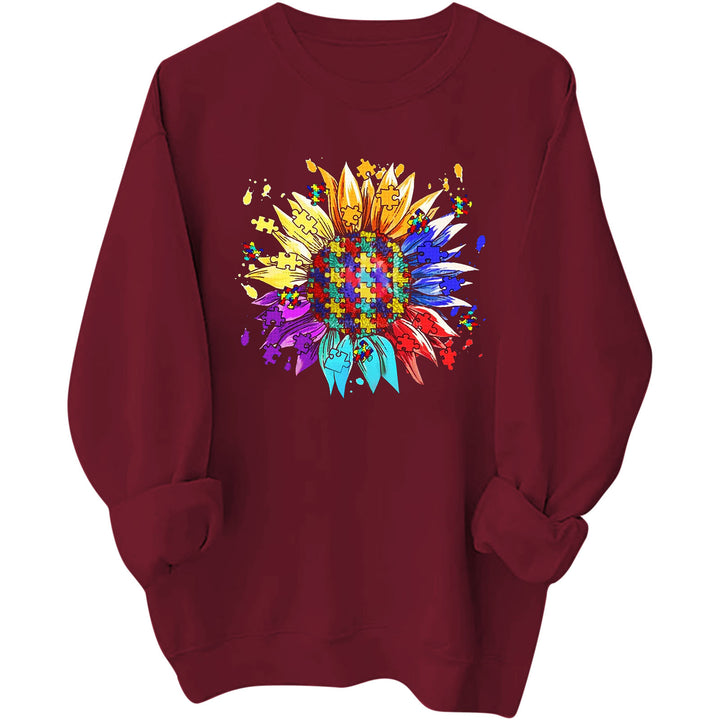 Damen Sweatshirt mit kreativem Puzzle-Blumenmotiv und bequemer Passform Drune