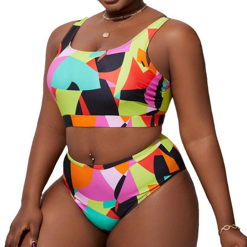 Damen Sport-Bikini mit hohem Taillenschnitt und vibranten Mustern Drune