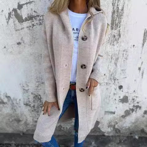 Damen lange Strickjacke mit Kapuze und Taschen Drune
