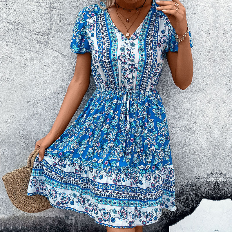 Damen Freizeitkleid mit floralen Mustern und elastischem Taillenzug Drune
