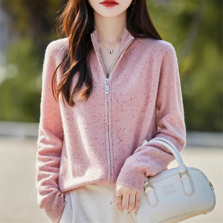 Damen kuscheliger Zip-Pullover mit hohem Kragen und feiner Struktur Drune