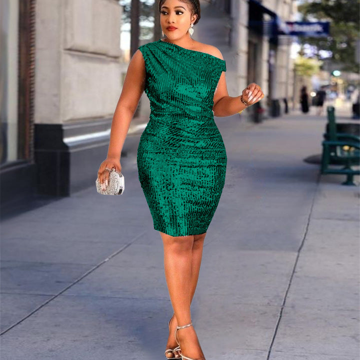 Damen figurbetontes Cocktailkleid mit asymmetrischem Schnitt und glitzerndem Stoff Drune