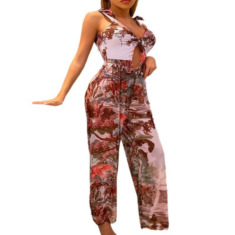 Damen Jumpsuit mit floralen Mustern und dekorativem Knoten-Detail Drune
