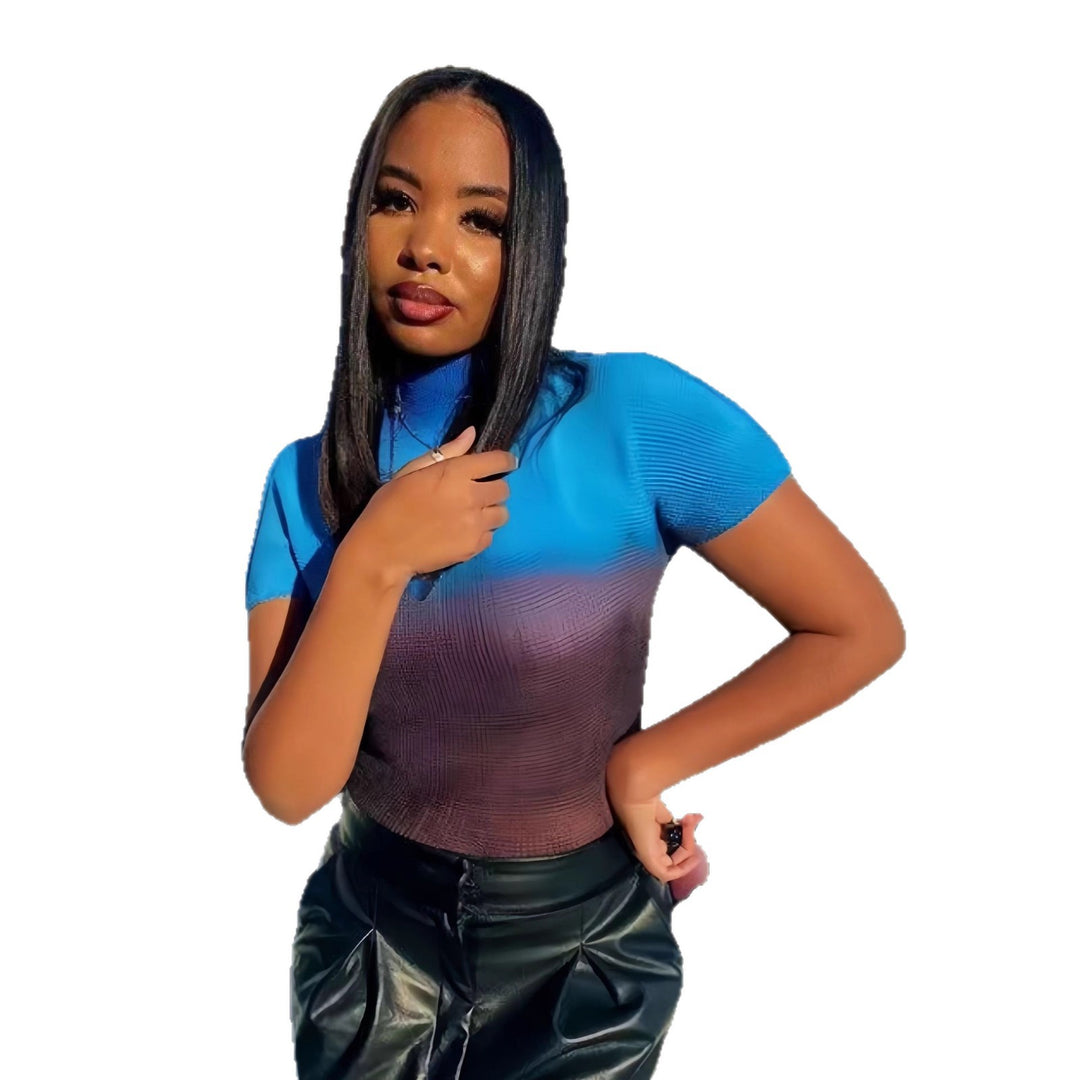 Damen Kurzarm-T-Shirt mit modernem Farbverlauf und hohem Kragen Drune