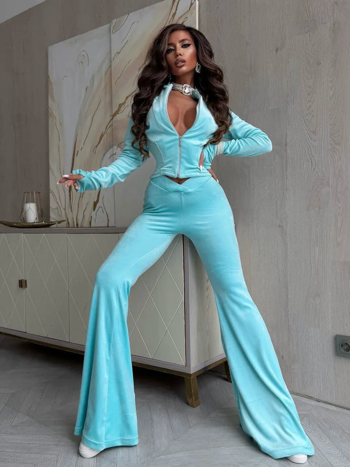 Damen elegantes und figurbetontes Lounge-Set mit cropped Jacke und weitem Hosenbein Drune