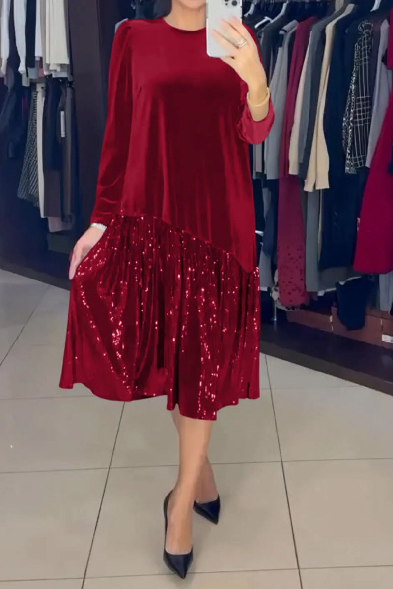 Damen elegantes Partykleid mit funkelndem Rock und weichem Oberteil Drune