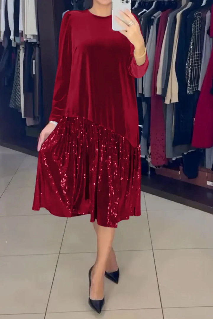 Damen elegantes Partykleid mit funkelndem Rock und weichem Oberteil Drune