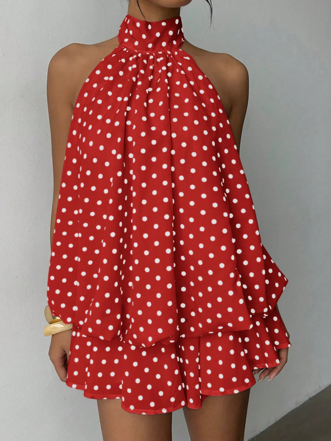 Damen modisches Polka-Dots Set mit hohem Kragen und voluminösen Ärmeln Drune