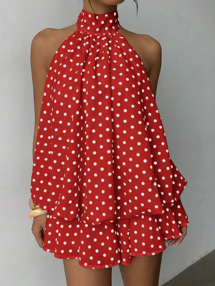 Damen modisches Polka-Dots Set mit hohem Kragen und voluminösen Ärmeln Drune