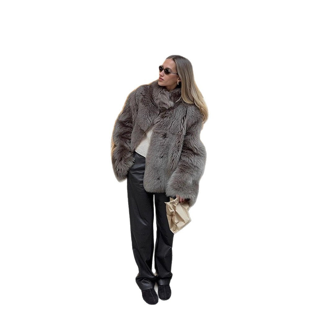 Damen luxuriöse Kunstfelljacke mit voluminösen Ärmeln Drune