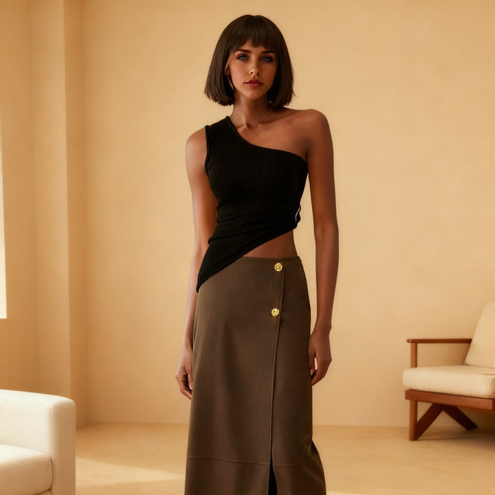 Damen One-Shoulder Top mit eleganter Drapierung und figurbetontem Schnitt Drune