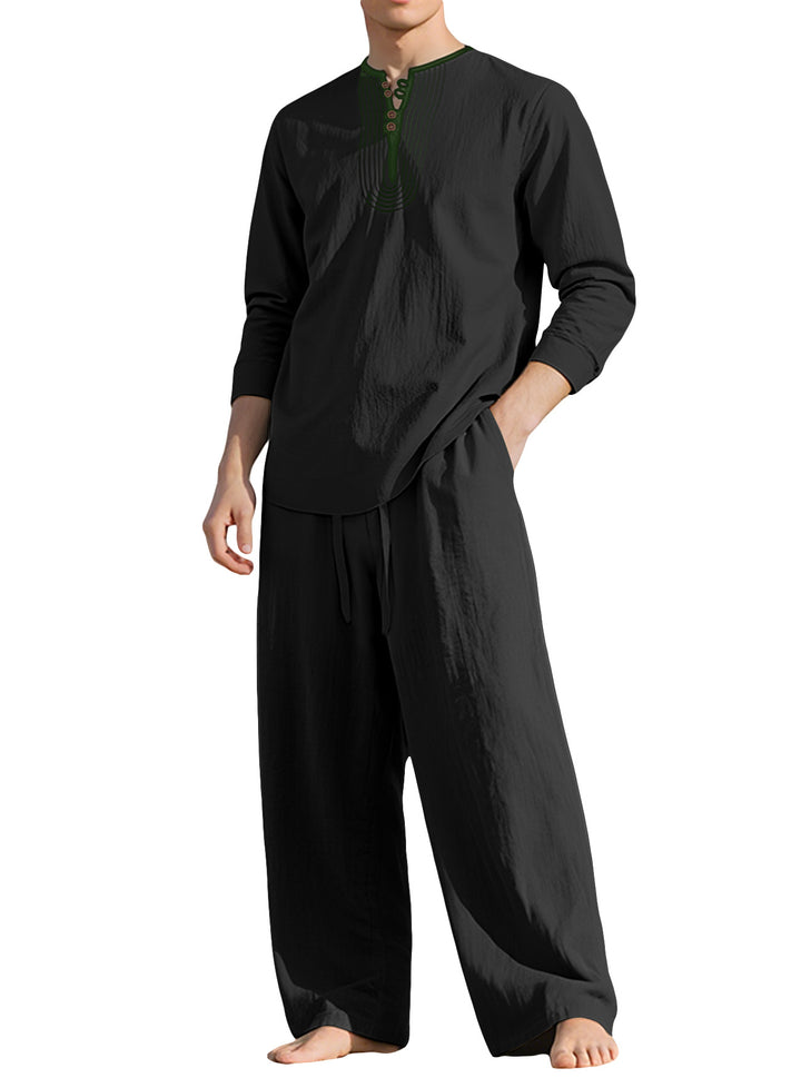Herren nan Tunika- und Palazzohose-Set mit Henley-Blende, Zierstickerei und weitem Schnitt Drune