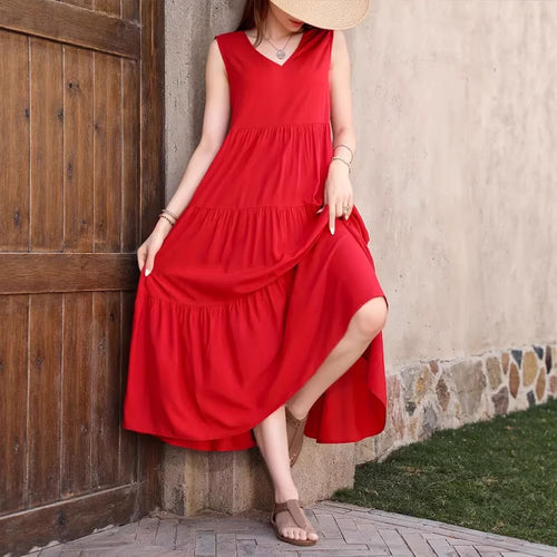Damen Elegantes Sommer-Maxi-Kleid mit voluminösem Rock und V-Ausschnitt Drune