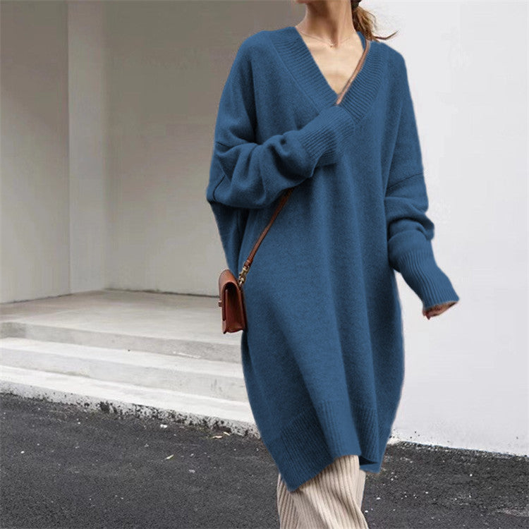 Damen gemütliches Strickkleid mit V-Ausschnitt und langen Ärmeln Drune