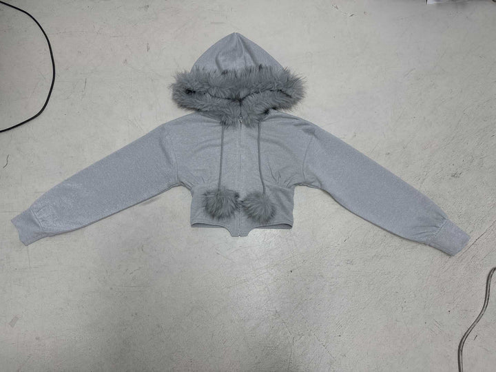 Damen nan kurzes Kapuzen‑Sweatshirt mit Kunstfellbesatz, Reißverschluss und Pompon-Kordeln Drune
