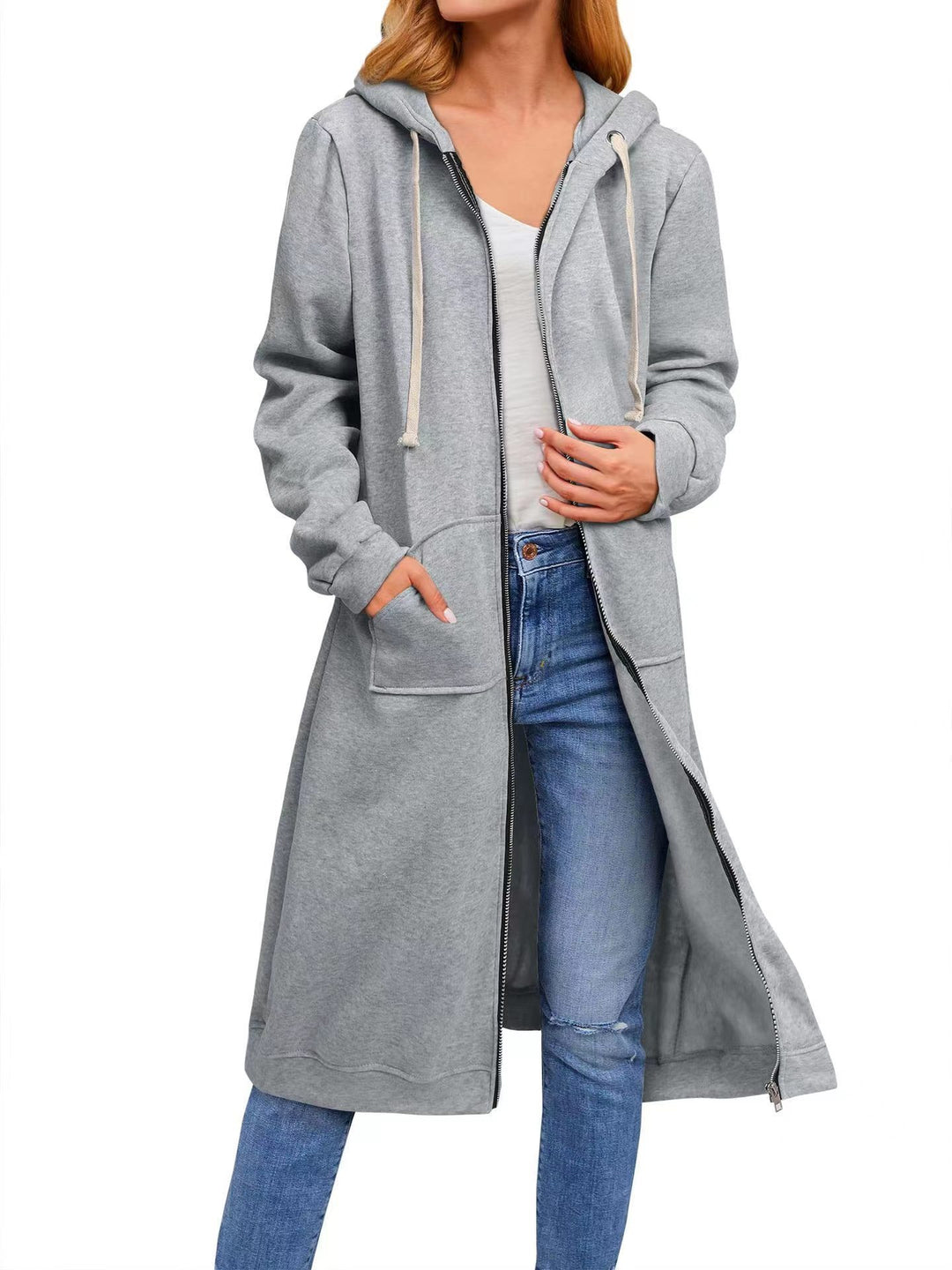 Damen Long Hoodie-Jacke aus bequemen Sweatmaterial mit Taschen Drune