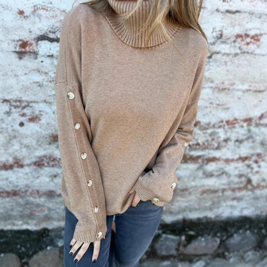 Damen hochschuliger Strickpullover mit Knopfdetails Drune