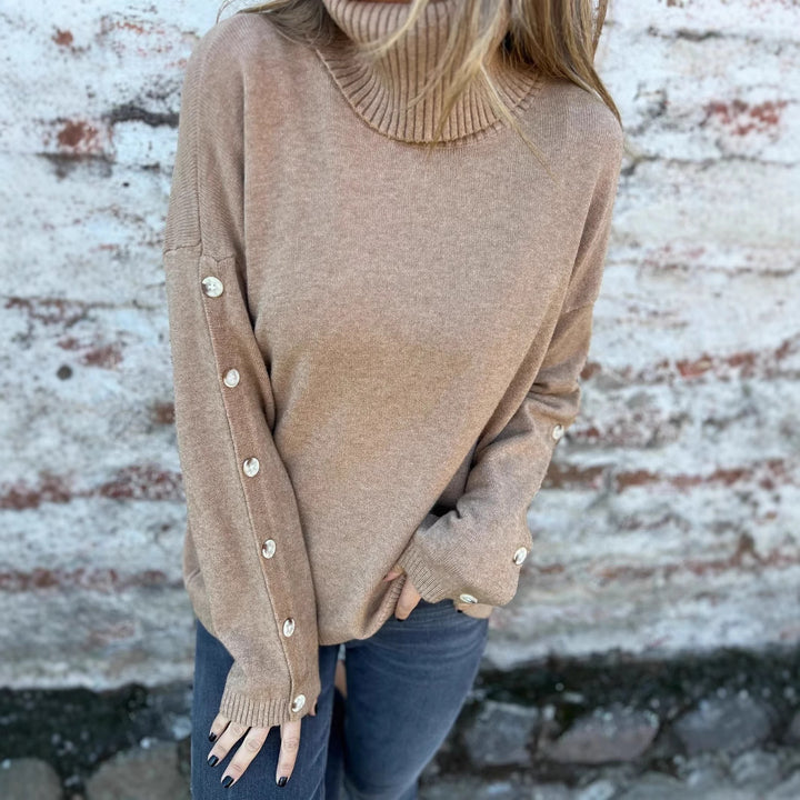 Damen hochschuliger Strickpullover mit Knopfdetails Drune