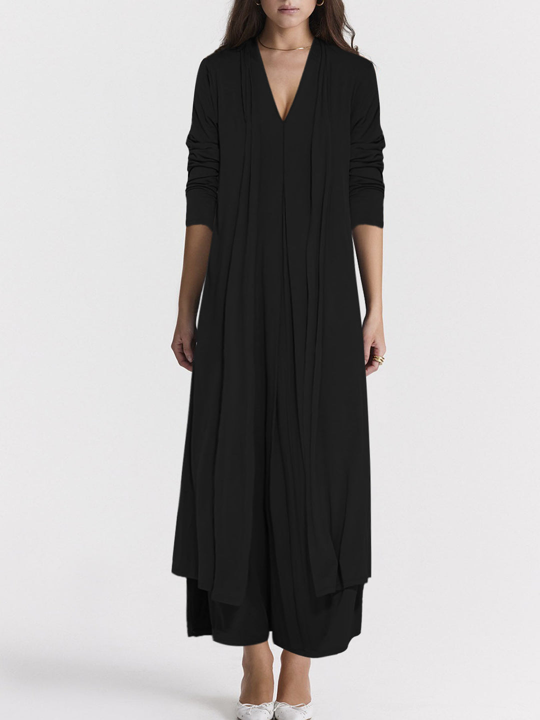 Damen Elegante Longjacke mit tiefem V-Ausschnitt und fließendem Schnitt Drune