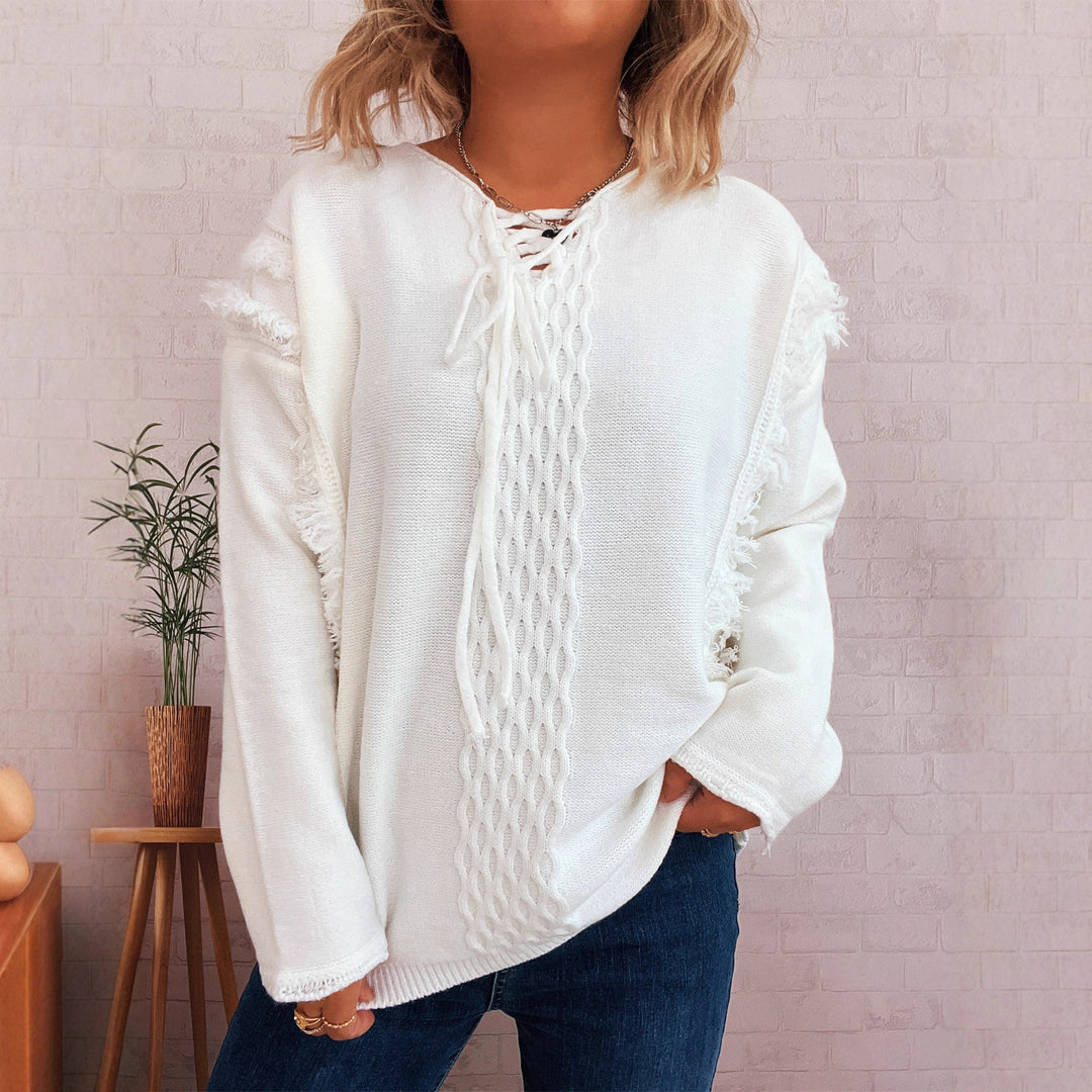 Damen Oversize-Strickpullover mit verspieltem Fransen-Design und Zopfmuster Drune