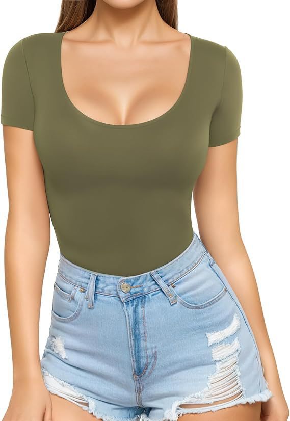Damen figurbetontes Kurzarm-Body mit rundem Ausschnitt und nahtlosem Design Drune