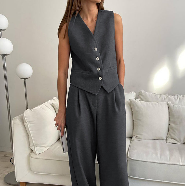 Damen Zweiteiler Ensemble mit taillierter Weste und weiten Hosen Drune
