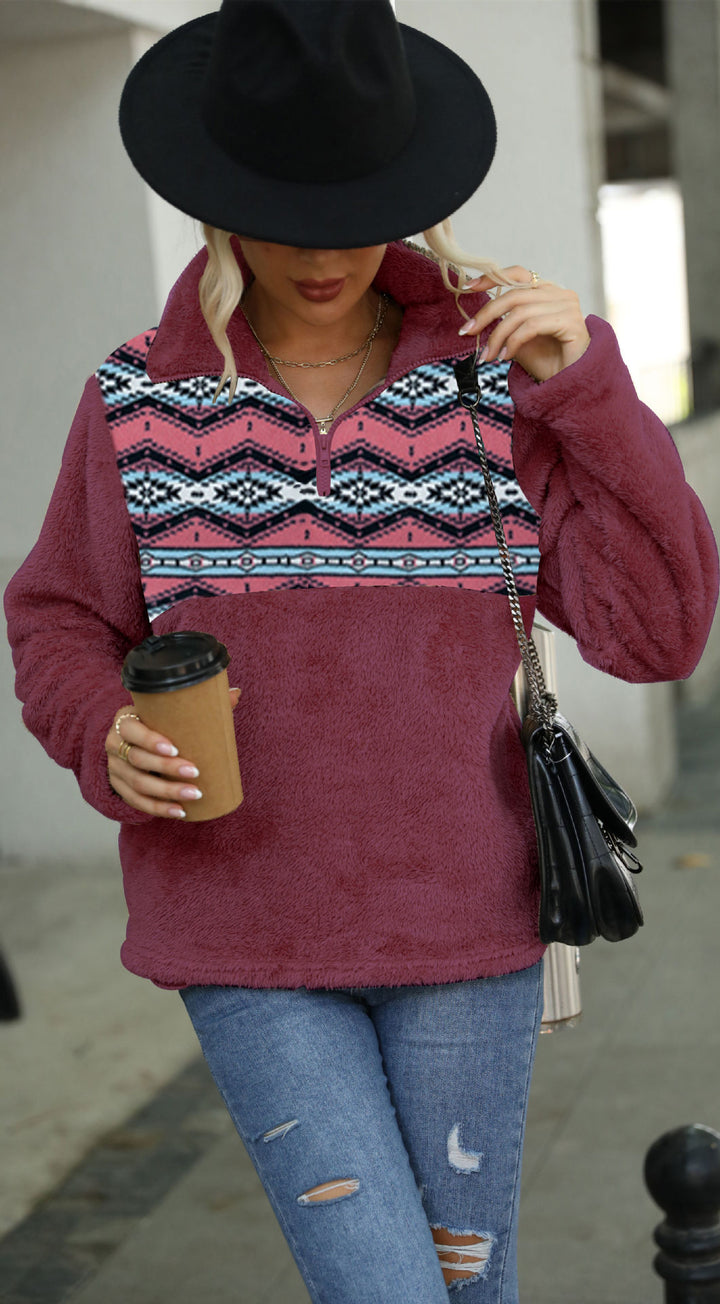 Damen Fleece-Pullover mit dekorativem Reißverschluss und modernem Muster Drune