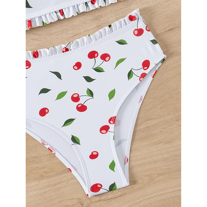 Damen Bandeau-Bikini mit fröhlichem Kirschmuster und eleganter Rüsche Drune