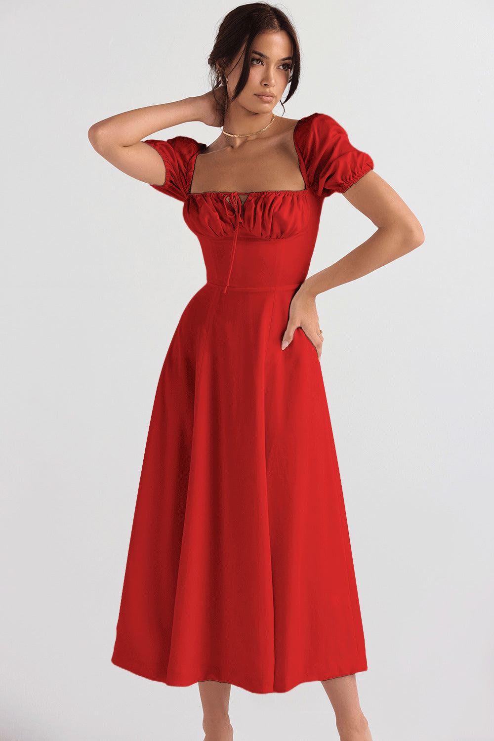 Damen Elegantes Midikleid mit Puffärmeln und raffiniertem Ausschnitt Drune