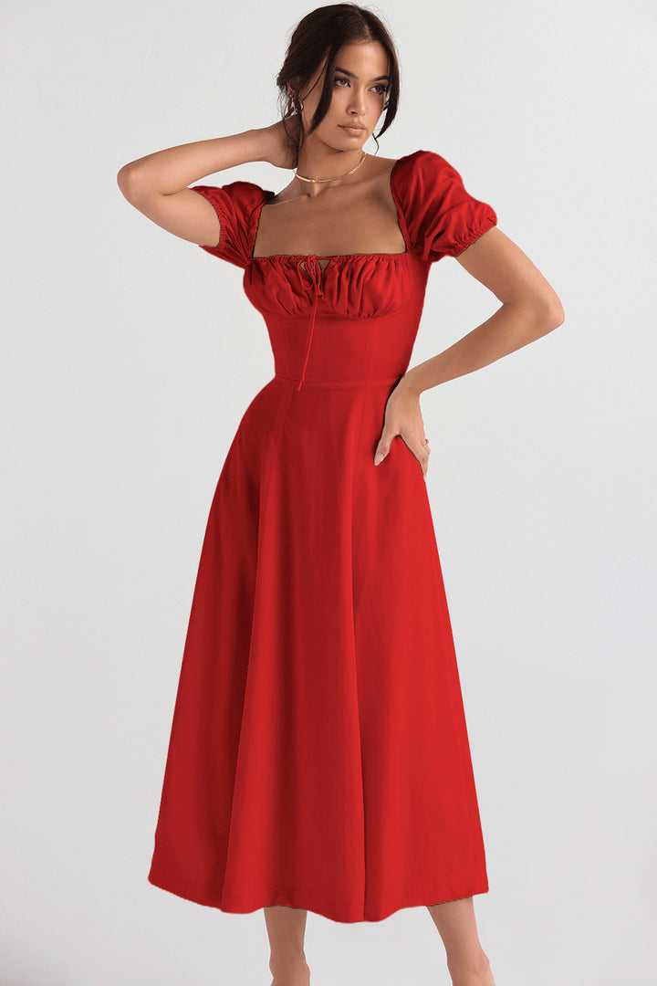 Damen Elegantes Midikleid mit Puffärmeln und raffiniertem Ausschnitt Drune