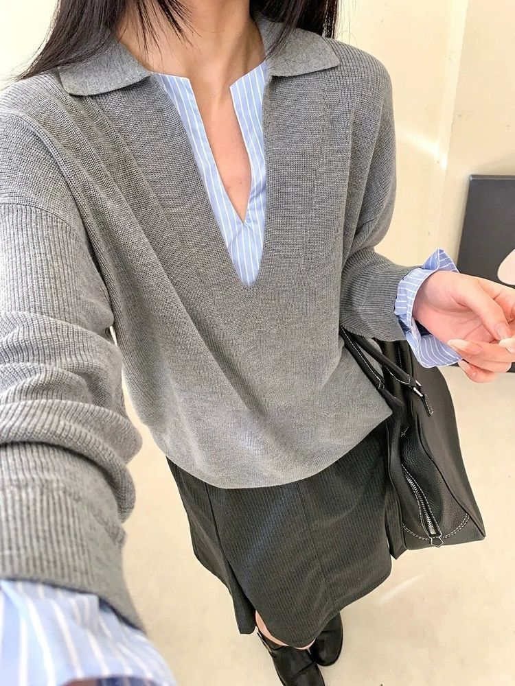 Damen Eleganter Pullover mit eingesetztem Hemdkragen Drune