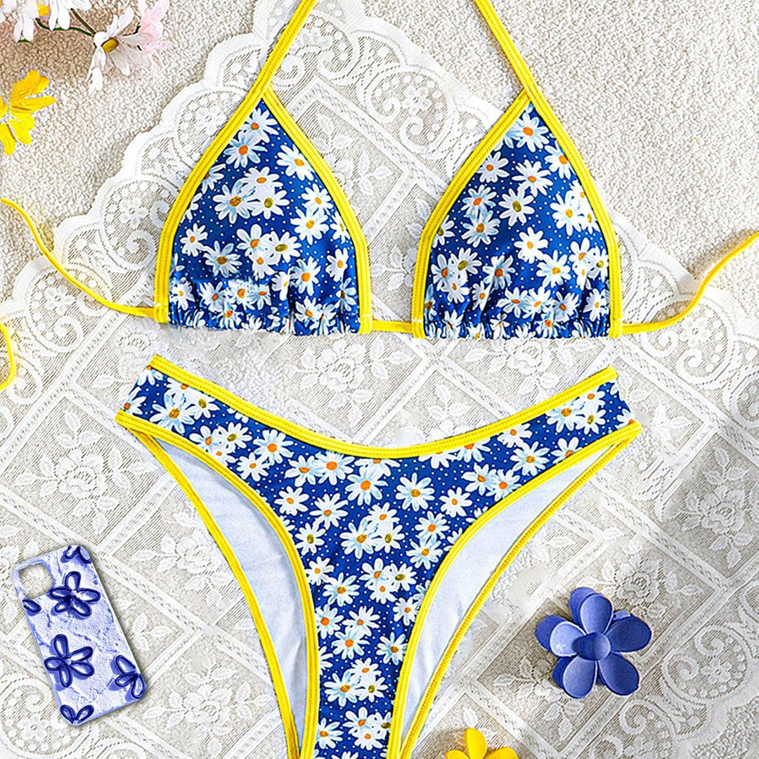 Damen Blumenmuster Bikini-Set mit verstellbaren Trägern und hohem Beinausschnitt Drune