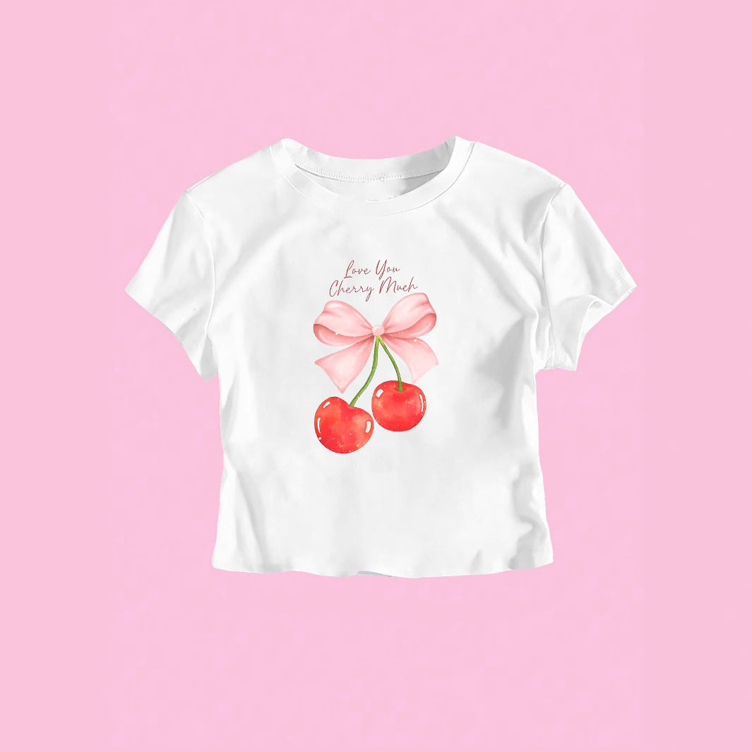 Damen Crop-Top mit fröhlichem Kirschmotiv und Schleifendruck Drune