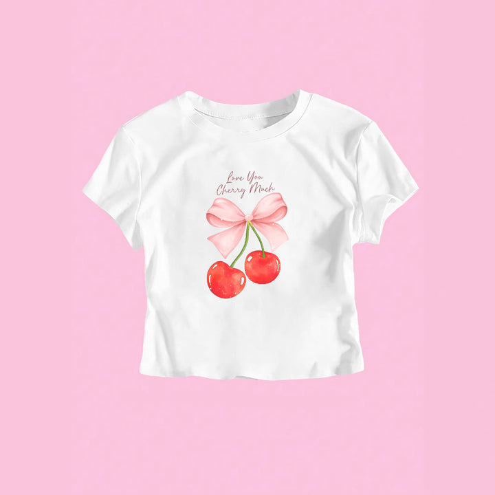 Damen Crop-Top mit fröhlichem Kirschmotiv und Schleifendruck Drune