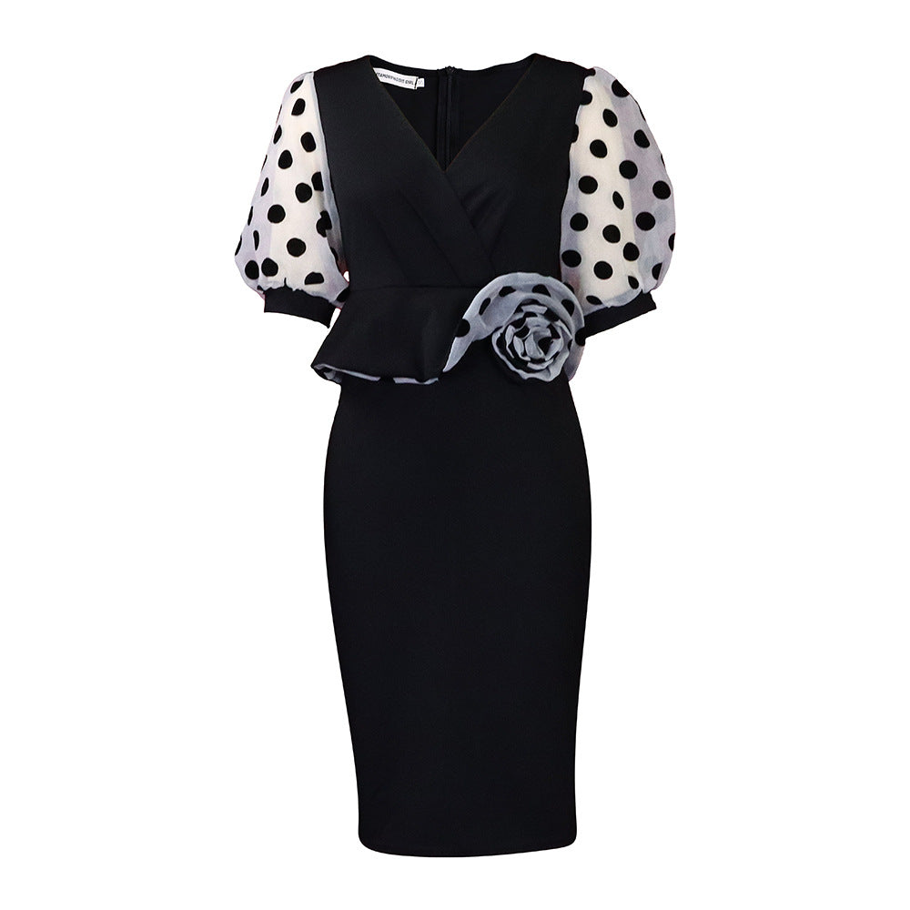 Damen Midi-Kleid mit Puffärmeln und floralem Detail Drune