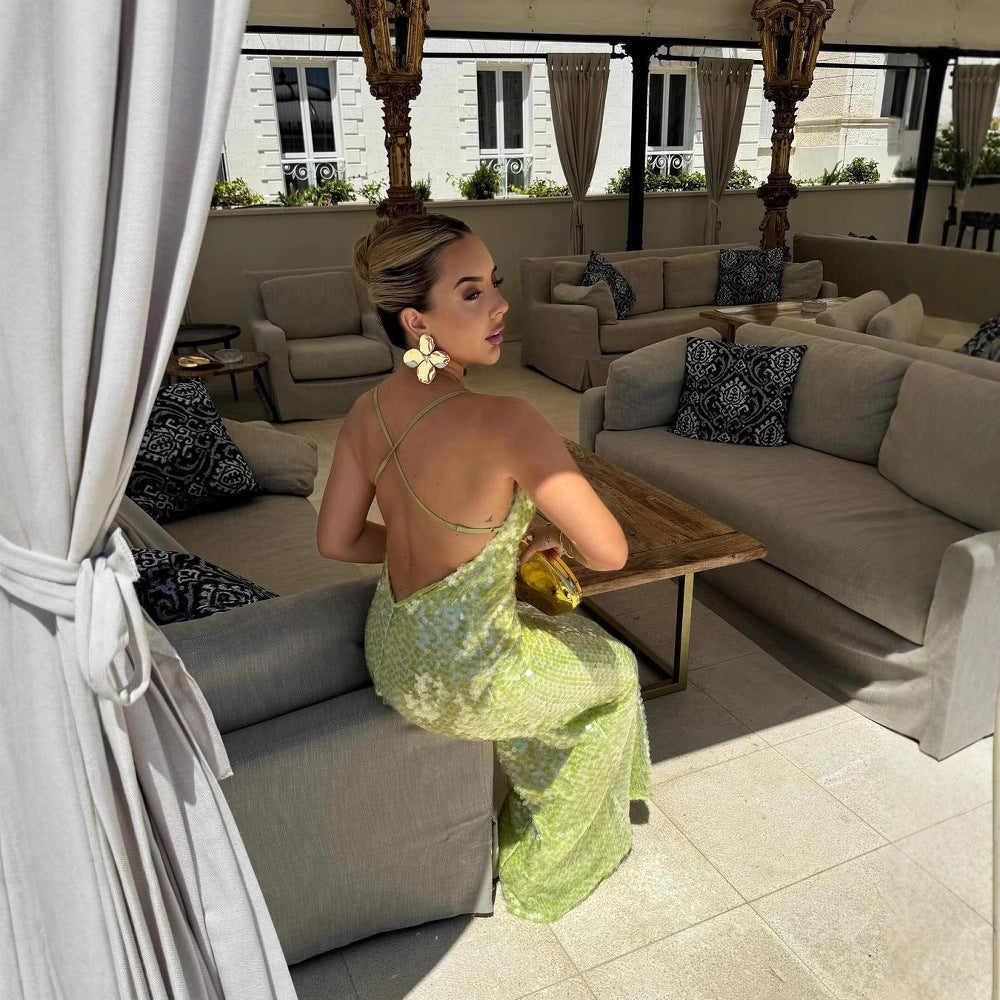 Damen Elegantes Pailletten-Maxikleid mit verführerischem Schnitt und schmalen Spaghettiträgern Drune