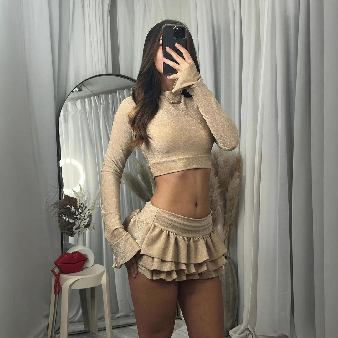 Damen modisches Crop-Top und plissierte Mini-Rock Set Drune
