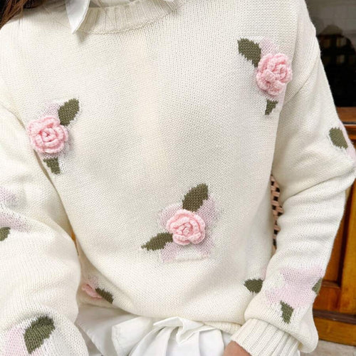 Damen Strickpullover mit floralen Applikationen und Rundhalsausschnitt Drune