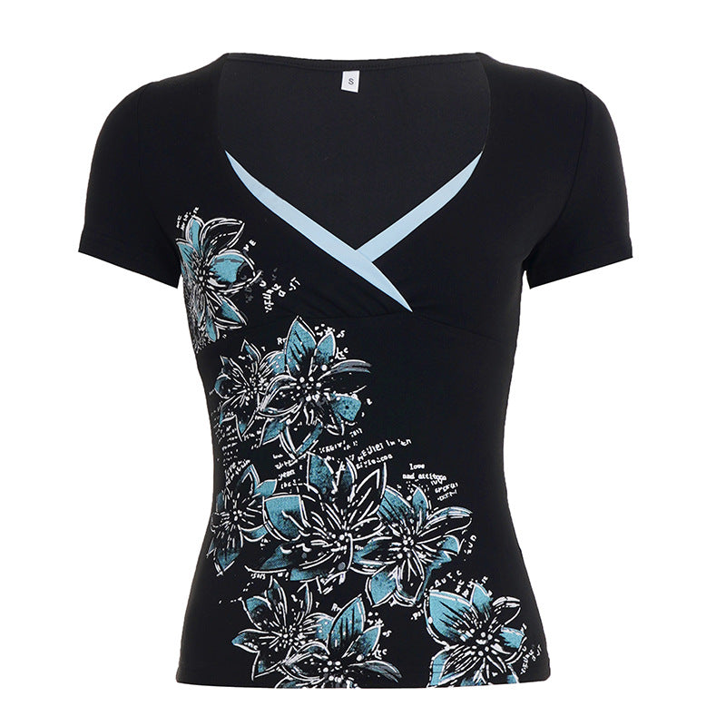Damen figurbetontes T-Shirt mit floralem Druck und V-Ausschnitt Drune