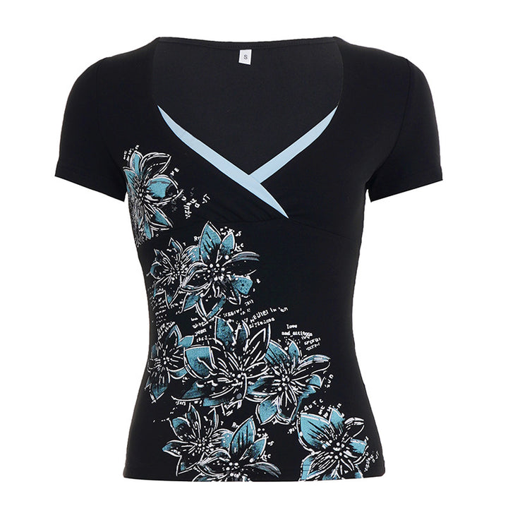Damen figurbetontes T-Shirt mit floralem Druck und V-Ausschnitt Drune