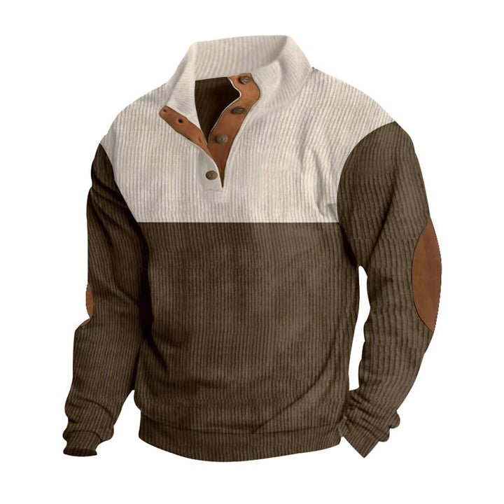 Herren nan lässiger Strickpullover mit Knopfleiste, Stehkragen und Ellenbogenpatches Drune