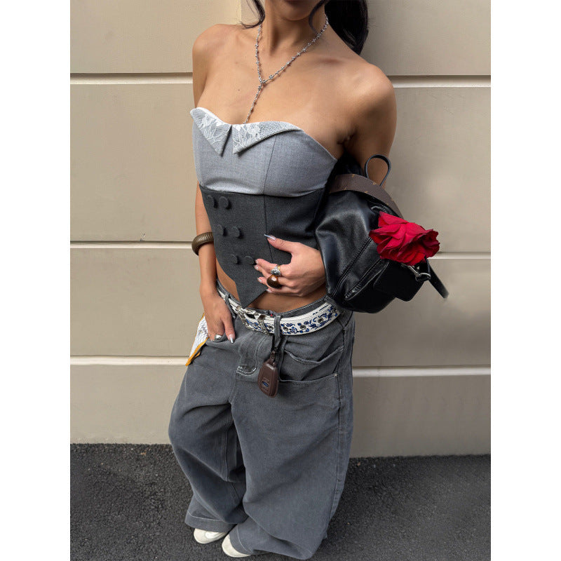 Damen Corsage mit Spitzenkragen und tailliertem Design Drune
