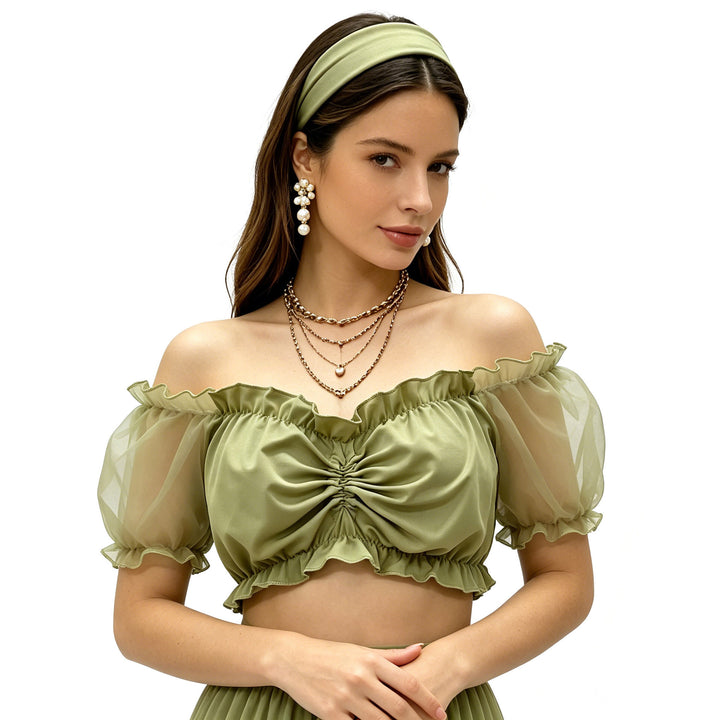 Damen nan gerafftes Crop Top mit Carmenausschnitt und transparenten Organzaärmeln Drune
