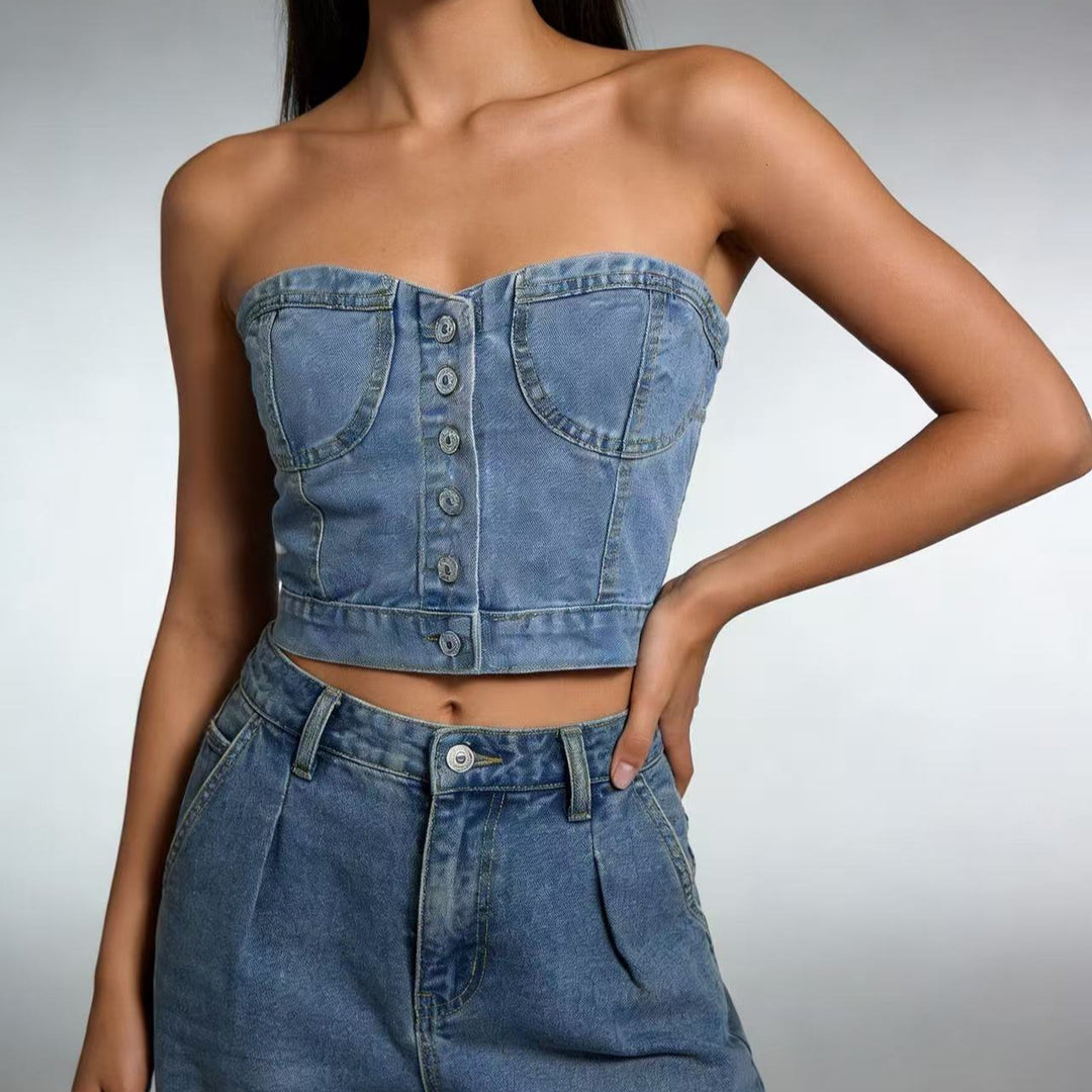 Damen Denim Bustier-Oberteil mit Knopfdetails und tailliertem Schnitt Drune