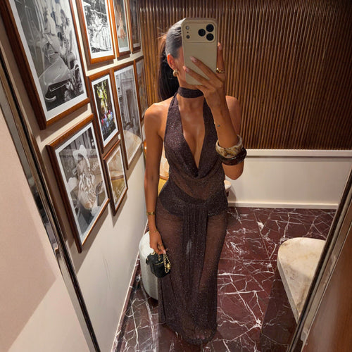 Damen schimmerndes Abendkleid mit tiefem V-Ausschnitt und Taillengürtel Drune