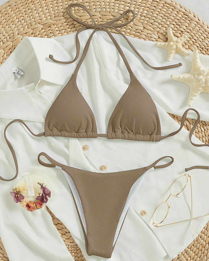Damen Triangel-Bikini mit feinem Rippstruktur und verspielten Bindebändern Drune