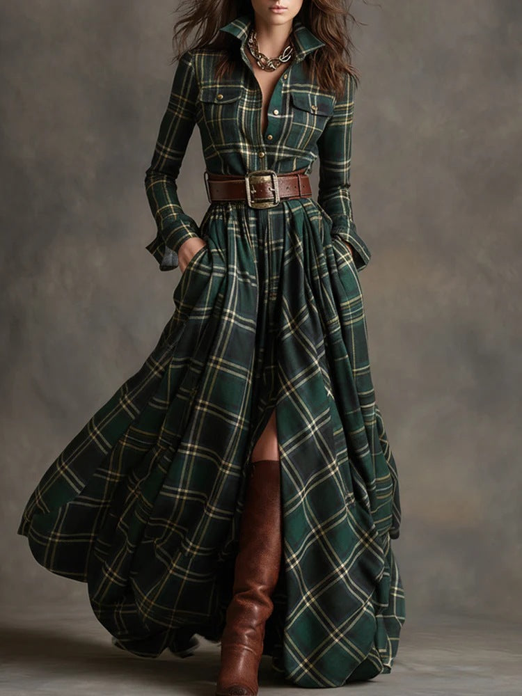 Damen nan karierte Maxikleid Hemdblusenkleid mit ausgestelltem Rock und breitem Taillengürtel Drune