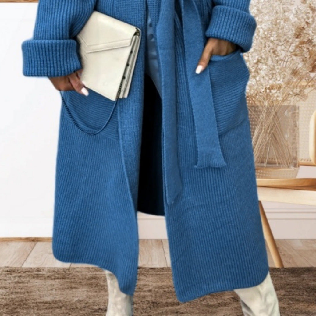 Damen Strickmantel mit Gürtel und breiten Revers Drune