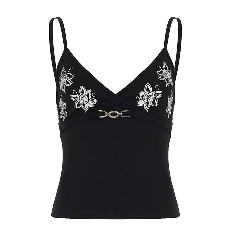 Damen körperbetontes Top mit floralem Design und dekorativem Verschluss Drune