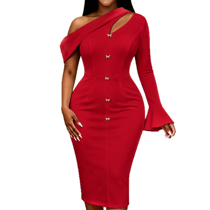 Damen elegantes One-Shoulder Kleid mit dekorativen Knopfdetails Drune
